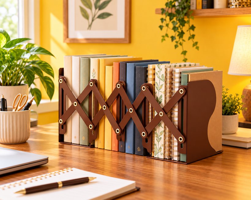 Brown expandable metal bookends holding a row of books on a desk