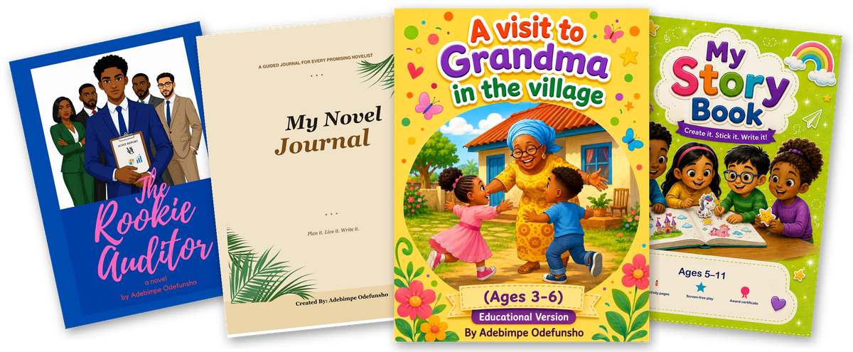 Four Bimhunter Hive book covers fanned out: The Rookie Auditor, My Novel Journal, A Visit to Grandma in the Village and My Story Book